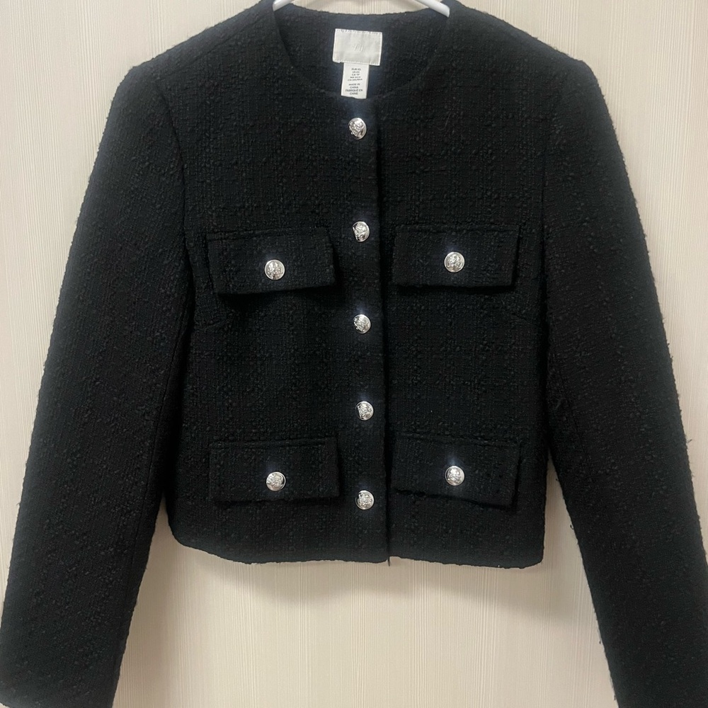 H&M Black cropped Textured Blazer with Silver Buttons